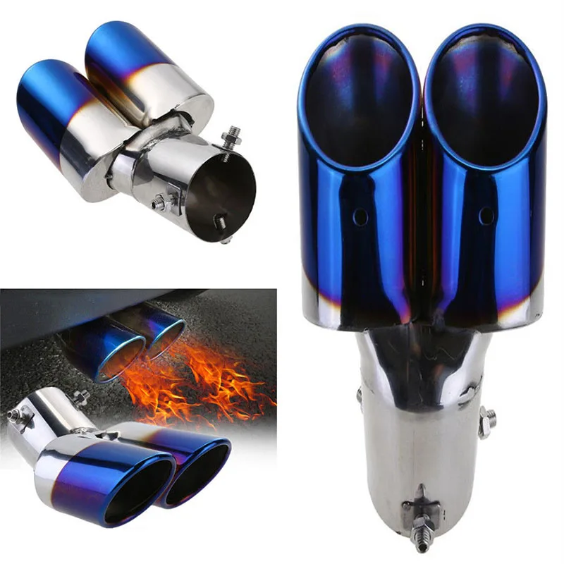 

1x Stainless Steel Car Rear Dual Exhaust Pipe Tail Muffler Tip Throat Bright Silver And Blue Tailpipe Universal Exhaust Headers