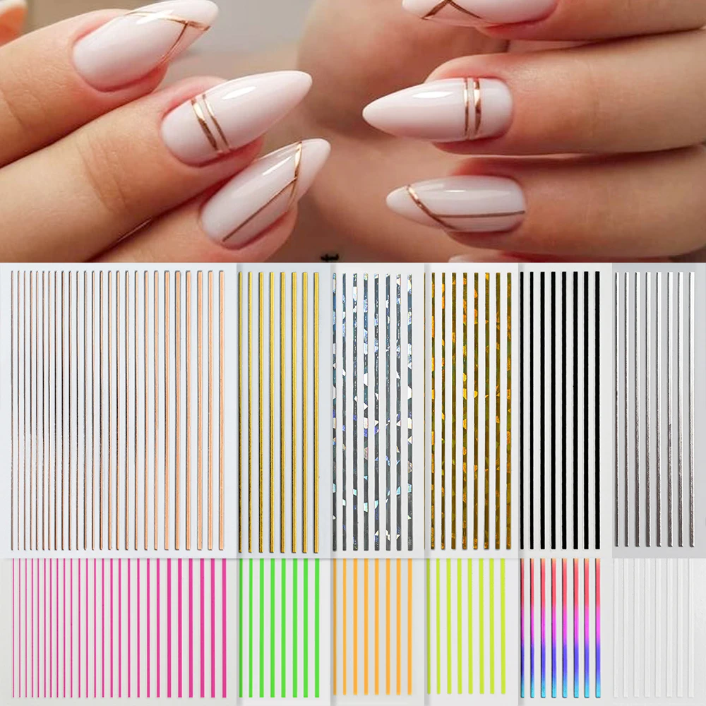 12Pcs/set Silver Gold Lines Stripe 3D Nail Sticker French Tips Metal Stripe Adhesive Slider Simple Lines Manicure Decals nail stickers,nail art tools,nail art decoration,nail decals