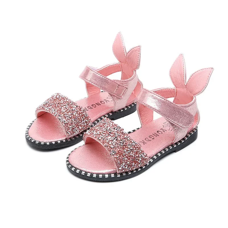 Baby Girl Sandals Fashion Bling Shiny Rhinestone Girls Shoes With Rabbit Ear Kids Flat Sandals 13-22CM