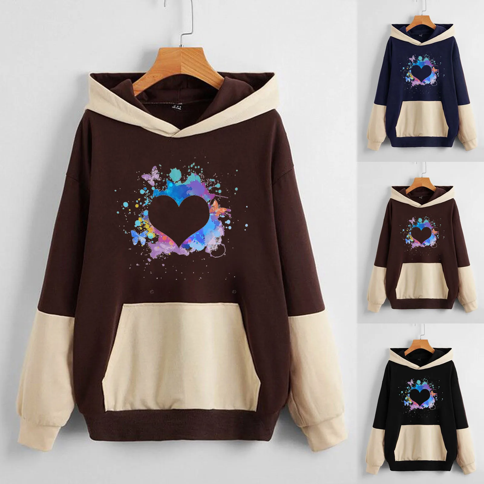 

Women Casual Sweashirt Colorblock Hooded Colorful Print Pockets Hooded Women's Hooded Sweatshirt Pullover Ladies Hoodie