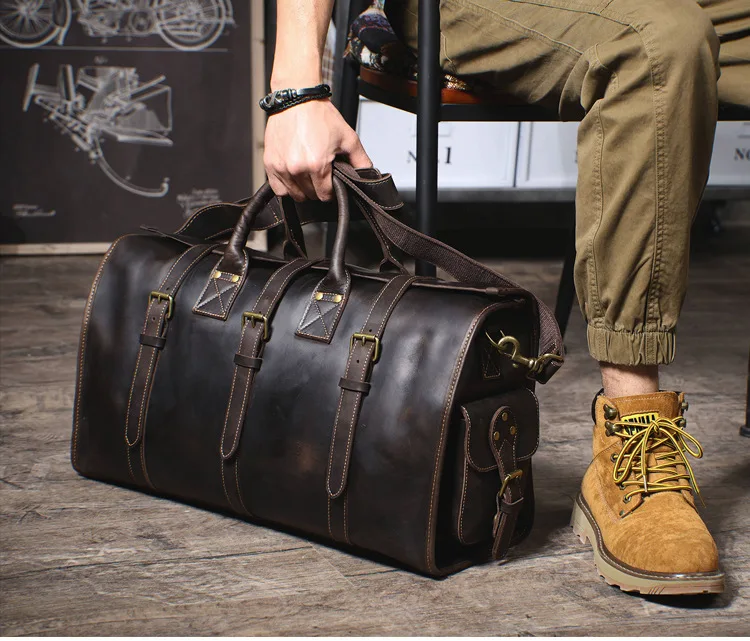 PNDME Designer-Reisetasche aus handgefertigtem Crazy-Horse-Rindsleder für Herren, Vintage-Luxus-Fitness-Handtasche aus echtem Leder mit großem Fassungsvermögen – Detail 1