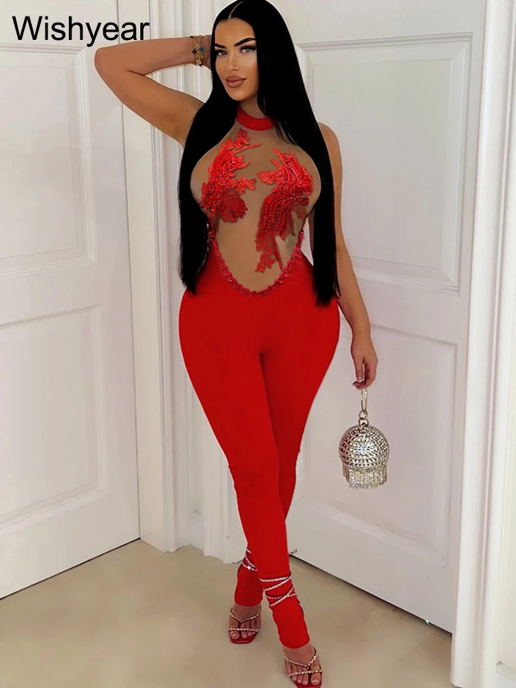 Summer See Through Mesh Jumpsuit Birthday Women’s Sexy Night Party 3D Floral Embroidery Backless One Piece Rompers Club Outfit