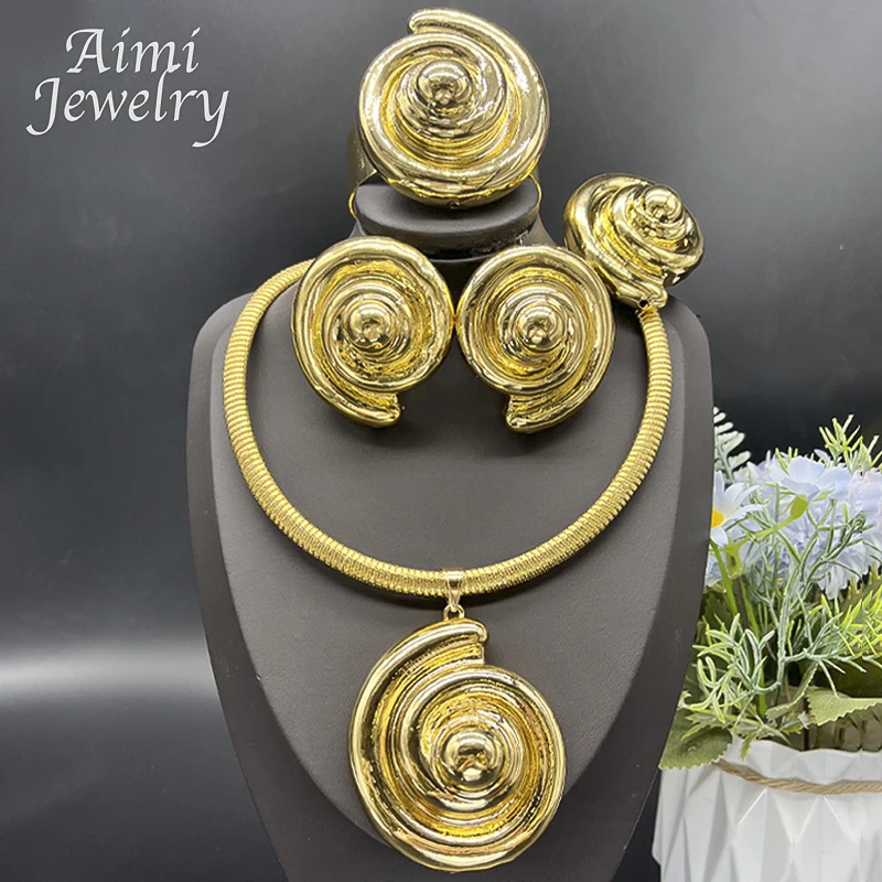 

Texture Spiral Pendant Necklace Earrings Bracelet Ring Dubai 24K Gold Plated Jewelry Set for Women African Party Wedding Gifts