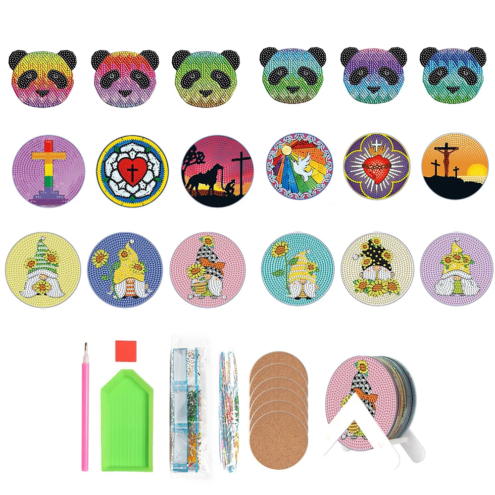 

6Pcs DIY Diamond Painting Coaster With Holder Cartoon Animal Panda Drink Cup Cushion Table Placemat Insulation Pad Home Decor