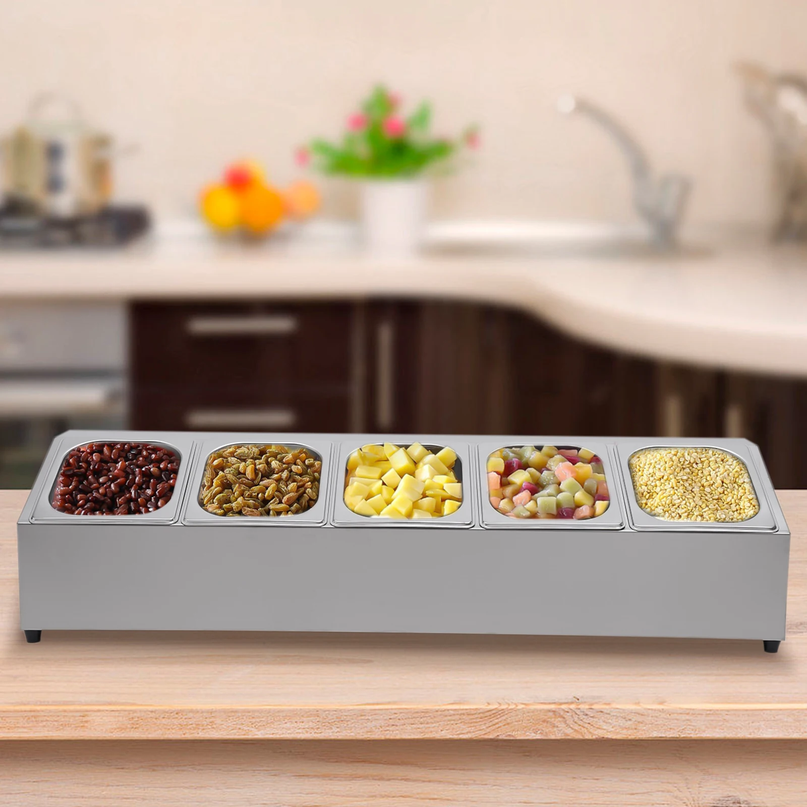 Pizza Topping Station Organizer Condiment Container w/5 Pans & Lids, Stainless Steel Seasoning Food Containers
