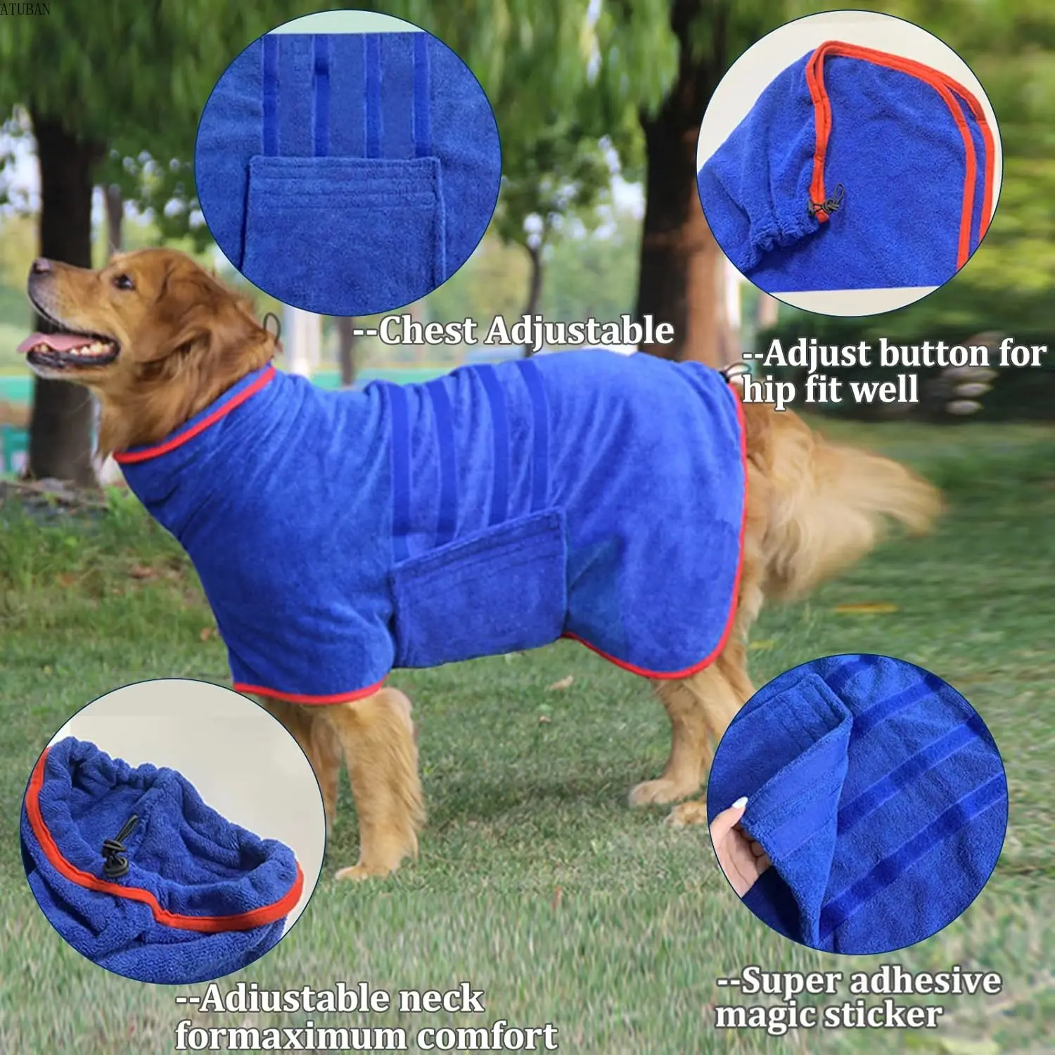 ATUBAN Dog Drying Coat-Fast Drying Dog Towel Robe-Adjustable Collar& Belly Strap Fast Coat Pet Cat Bath Robe Towel pet bath towel