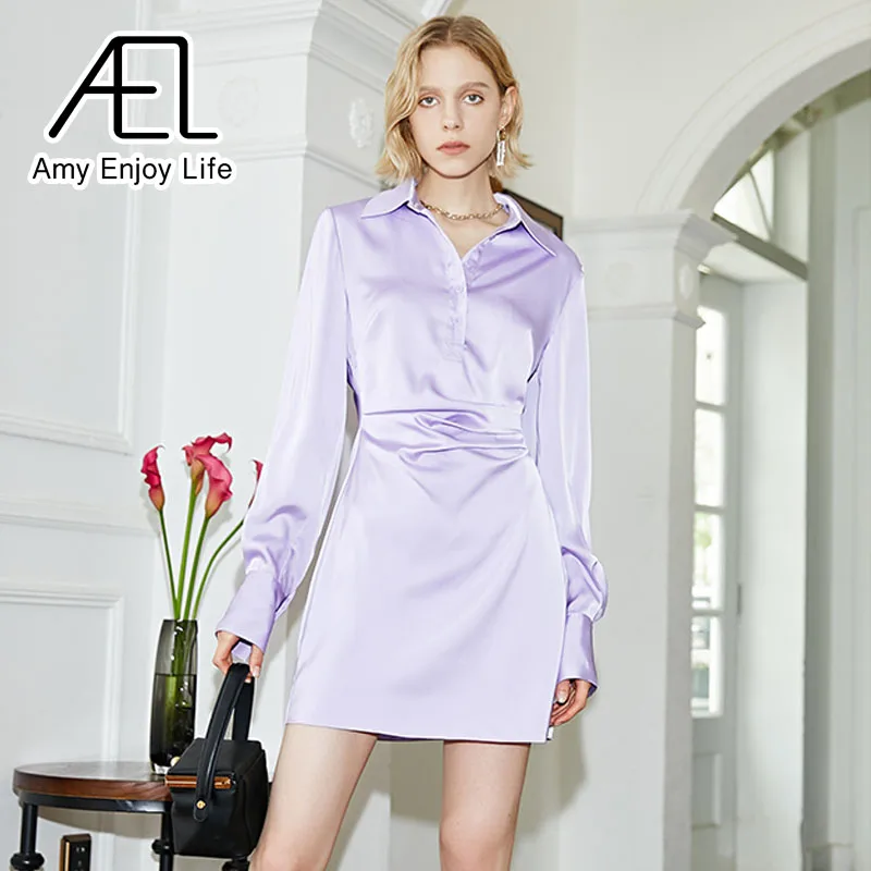 

AEL 2022 New Vintage Fashion Female Satin Shirt Dress Ladies Luxury Summer Minidress High Quality Brand Women's Clothing