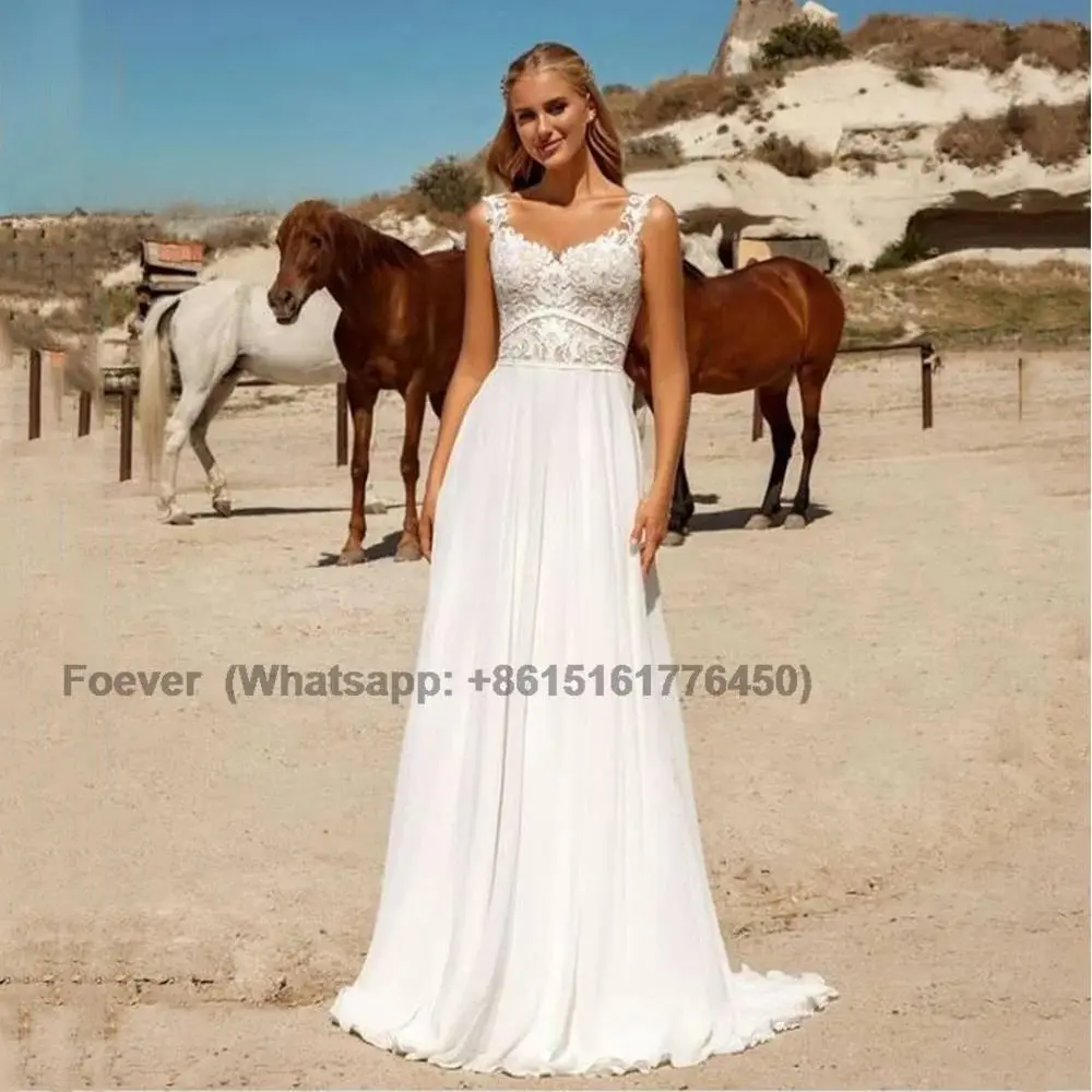 

Ramanda Beach Sleeveless Lace Appliques Wedding Dress Simple Chiffon A-Line Backless Bridal Gown Custom Made Vestido De Noiva