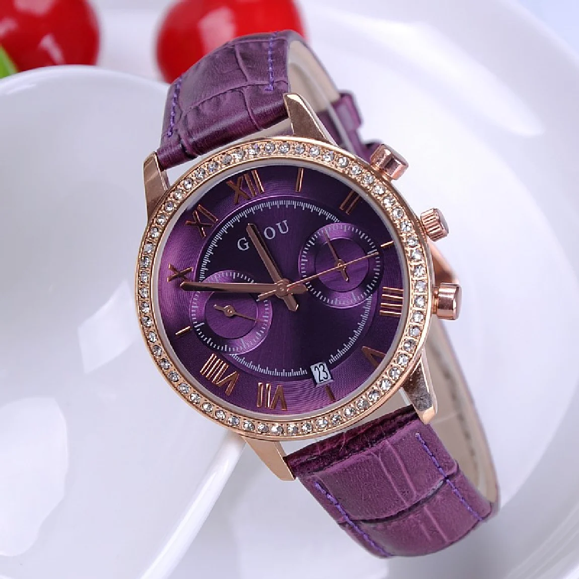 

(6 Color) 2023 New Arrival Women Rhinestone Watches Luxury Quartz Watch Five Point Watch Genuine Leather Wristwatches TOP 8037