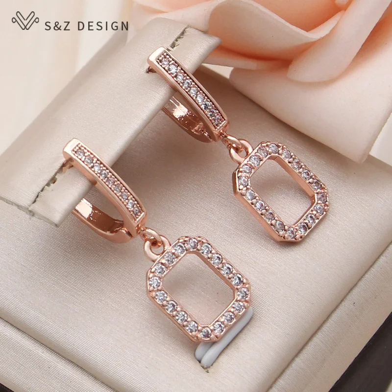 S&Z DESIGN New Fashion Cubic Zirconia Rectangle Dangle Earrings Jewelry Sets For Women 585 Rose Gold Color Pendant Necklace