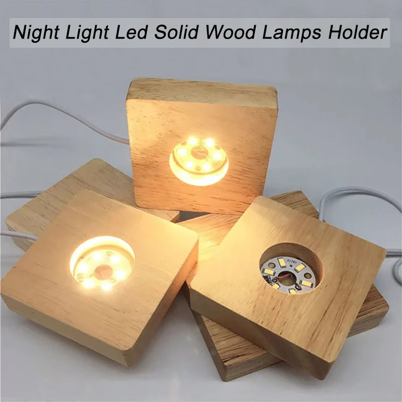 Square LED Luminous Solid Wood Base DIY Crystal Ball Night Lamp Base Rubber Wood USB Plug-In With Switch Ornament 1PCS 6/8/10CM