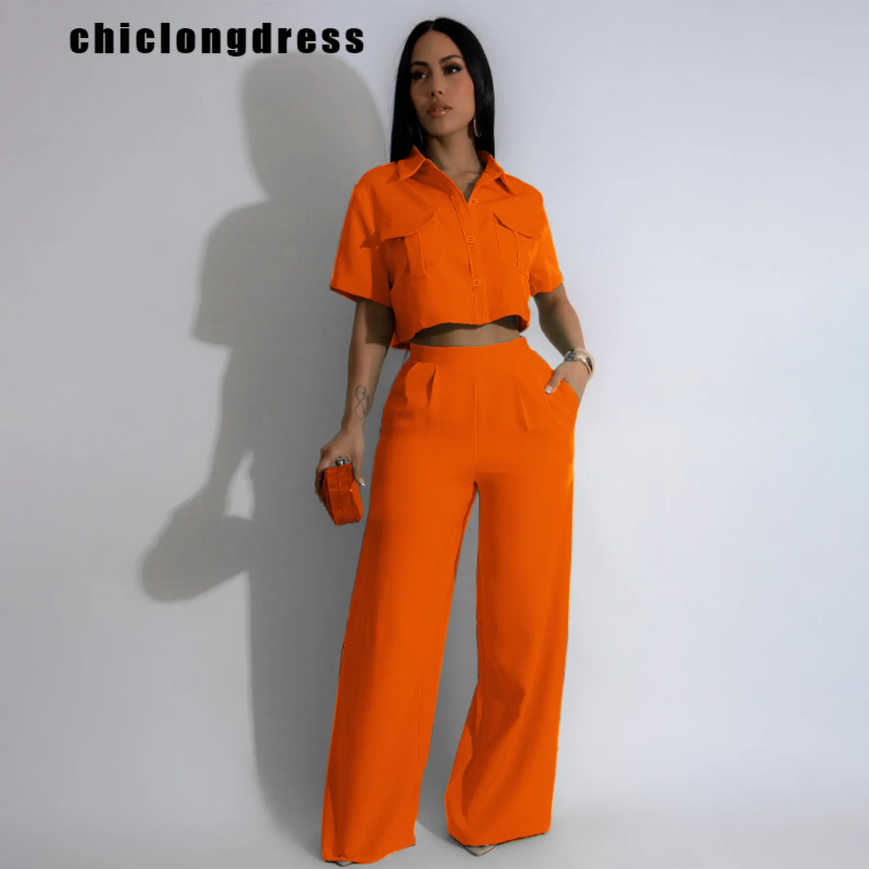 Summer Fashion Street Two Piece Set Women Casual Button Up Short Sleeved Shirt Wide Leg Pants Two Piece Set Women