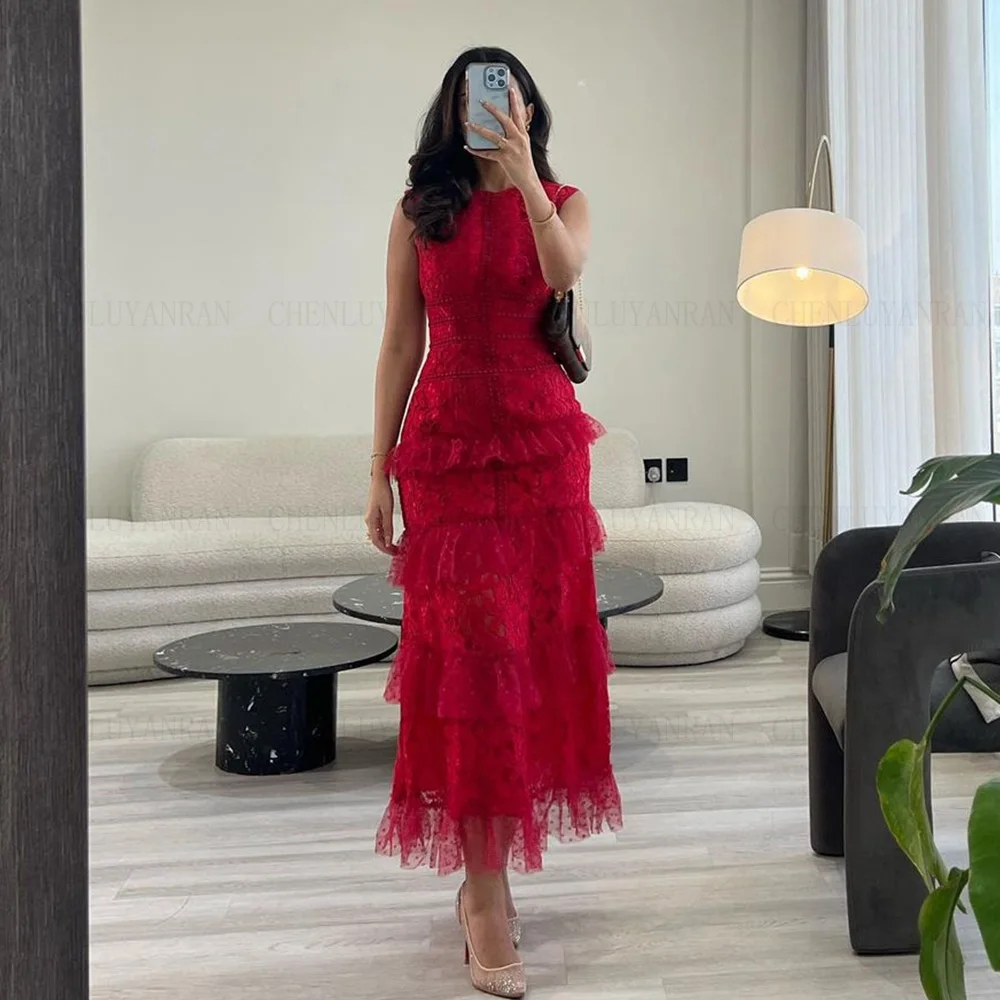 

Red Sleeveless lace Formal Occasion Dresses 2024 High Neck Mermaid Long Ball Gown Ankle-Length Evening Party Gown فساتين الحفلات