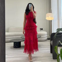 Red Sleeveless lace Formal Occasion Dresses 2024 High Neck Mermaid Long Ball Gown Ankle-Length Evening Party Gown فساتين الحفلات