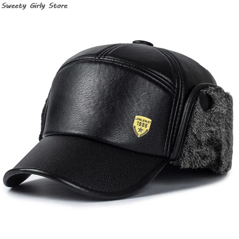 Uomo Caldo Peluche Paraorecchie Berretto Russo Ushanka Casquette Pesca Caccia Snapback Cappelli In Pelle Nera Berretti Invernali Cappello Bomber Termi