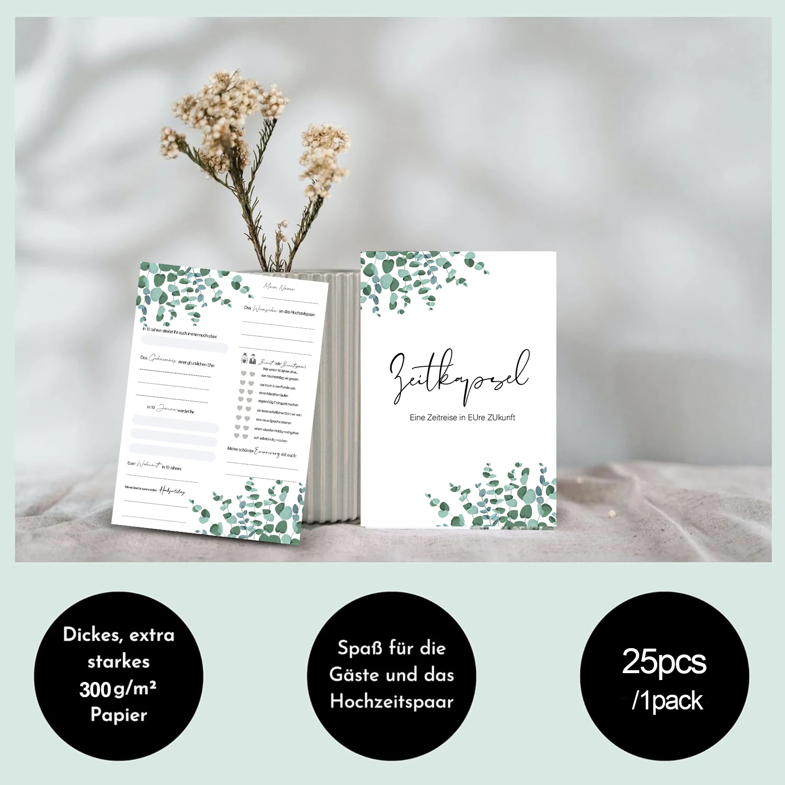 25-Pack Personalized Floral Time Capsule Wedding Invitation Cards, Green Leaf Design, Paper Special Event Invitations for Weddin