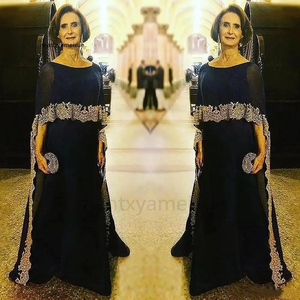 

Sexy Navy Blue Chiffon Mother Of The Bride Dresses 2023 Cape Cloak Gold Appliques A-line Plus Arabic Formal Evening Mother Gowns