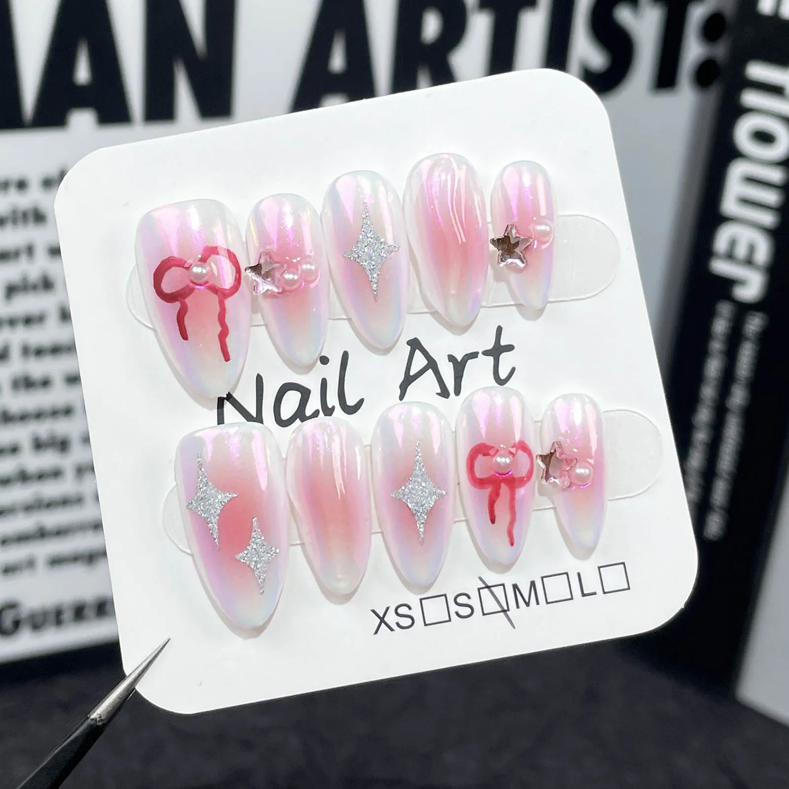 

Pink Fake Nails with Glitter Star Decor Sweet & Charming Reusable False Nails for Shopping Traveling Dating