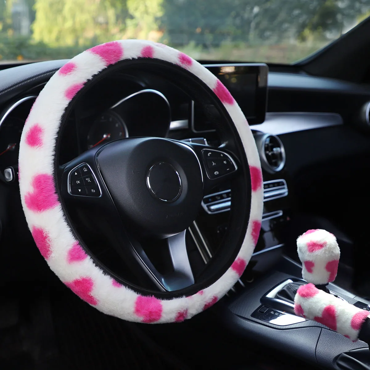 Cow Print Steering Wheel Cover Pink Bling Car Accessories Set