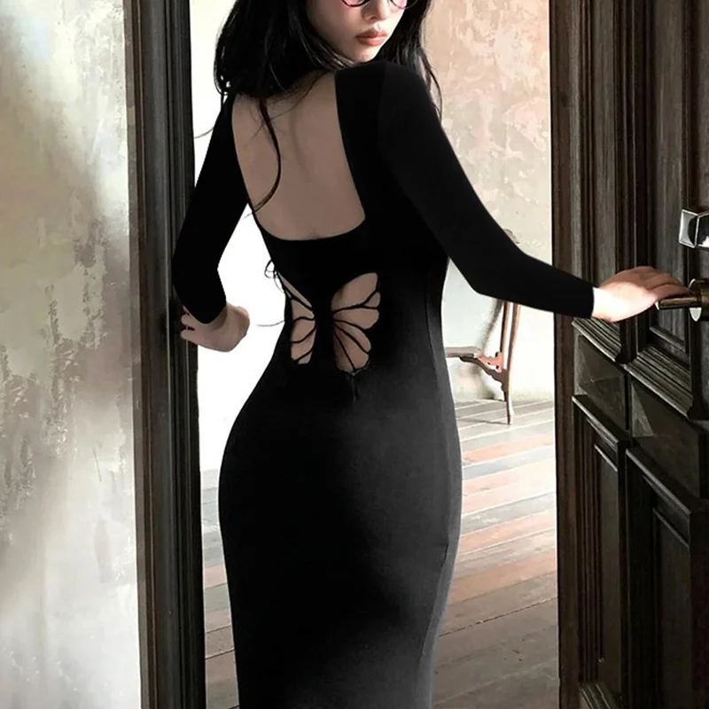 y2k Dresses Women Sexy Clothes Solid Color Butterfly Cutout Back Long Sleeve Bodycon Dress Club Dresses Streetwear