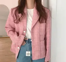 

Women's Casual Blazers 2022 Spring Pink Korean Lapel Plaid Shirts Pocket Button Down Outerwear Office Lady Jackets Tops