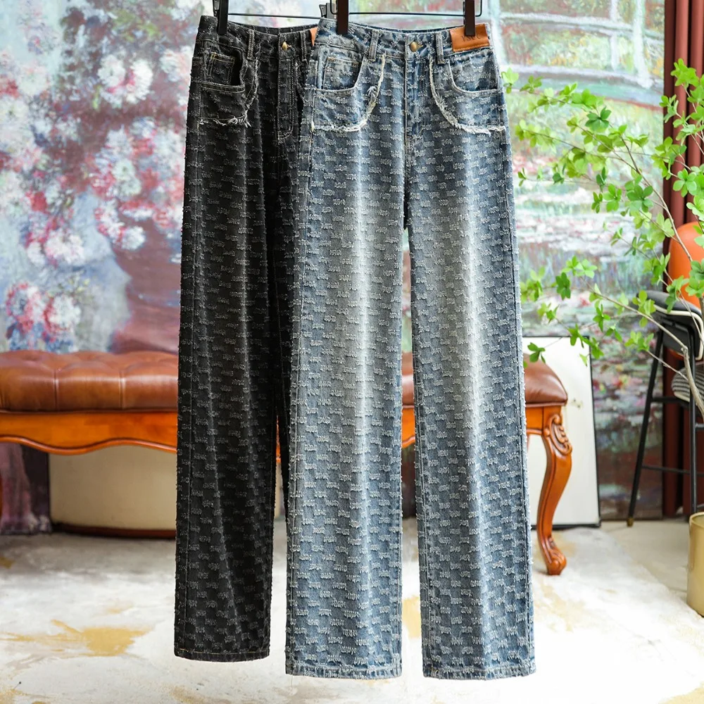 

Lengthened Loose Jacquard Jeans Women's Fall Casual Temperament Show Leg Long Cotton Articulated Sewing Large Pockets Versatile