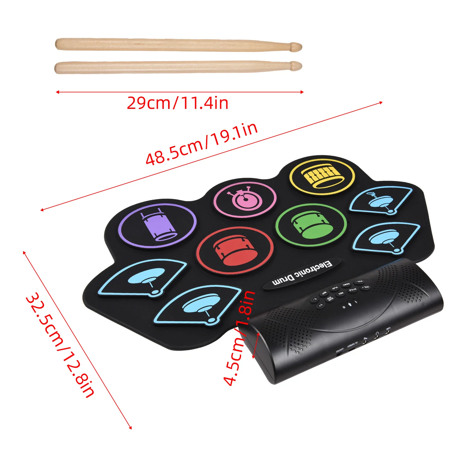 Electronic Drum Set Hand Roll Drum Percussion Instrument 9 Pads BT External Sound Drumsticks Foot Pedal MIDI Interface Speaker