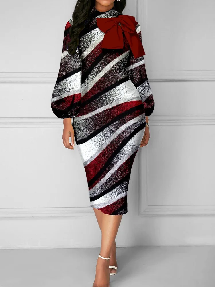 

Chic Printed O-neck Pull On Dress Elegant Going Out Clothes For Women Lantern Long Sleeve Slit Bodycon Midi Dresses With Bowknot