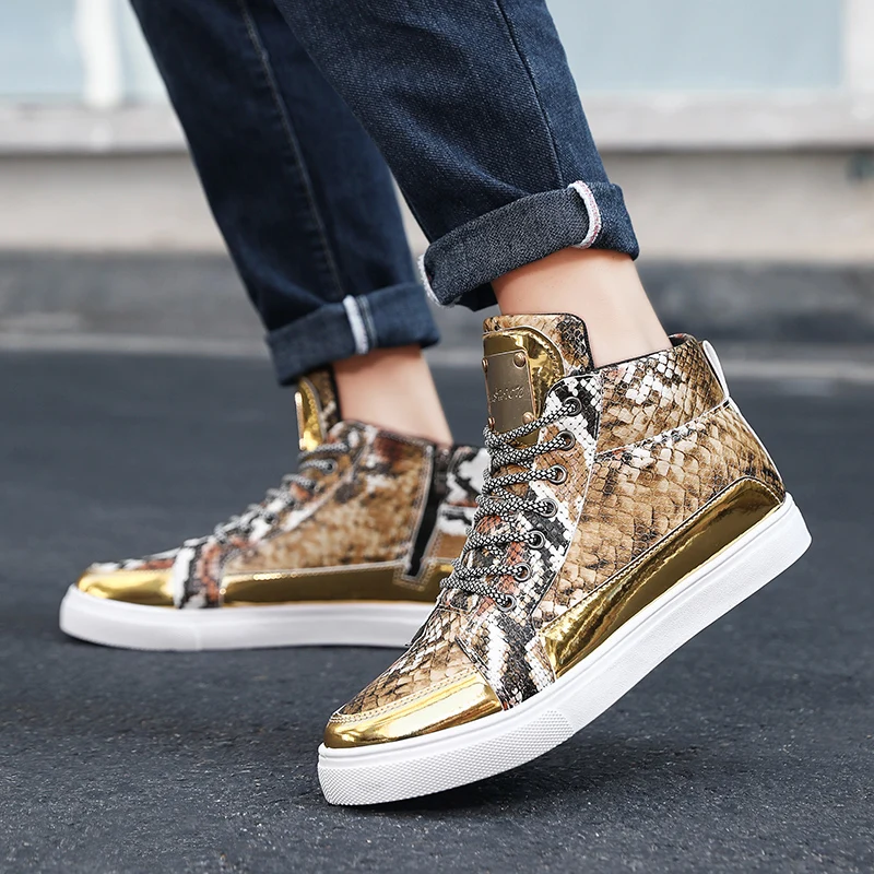 Silver Snaker Leather Men Brand Sneakers Trendy Zippers Design Mens Vulcanized Sneakers Leather Glitter Men High Top Sneakers 5