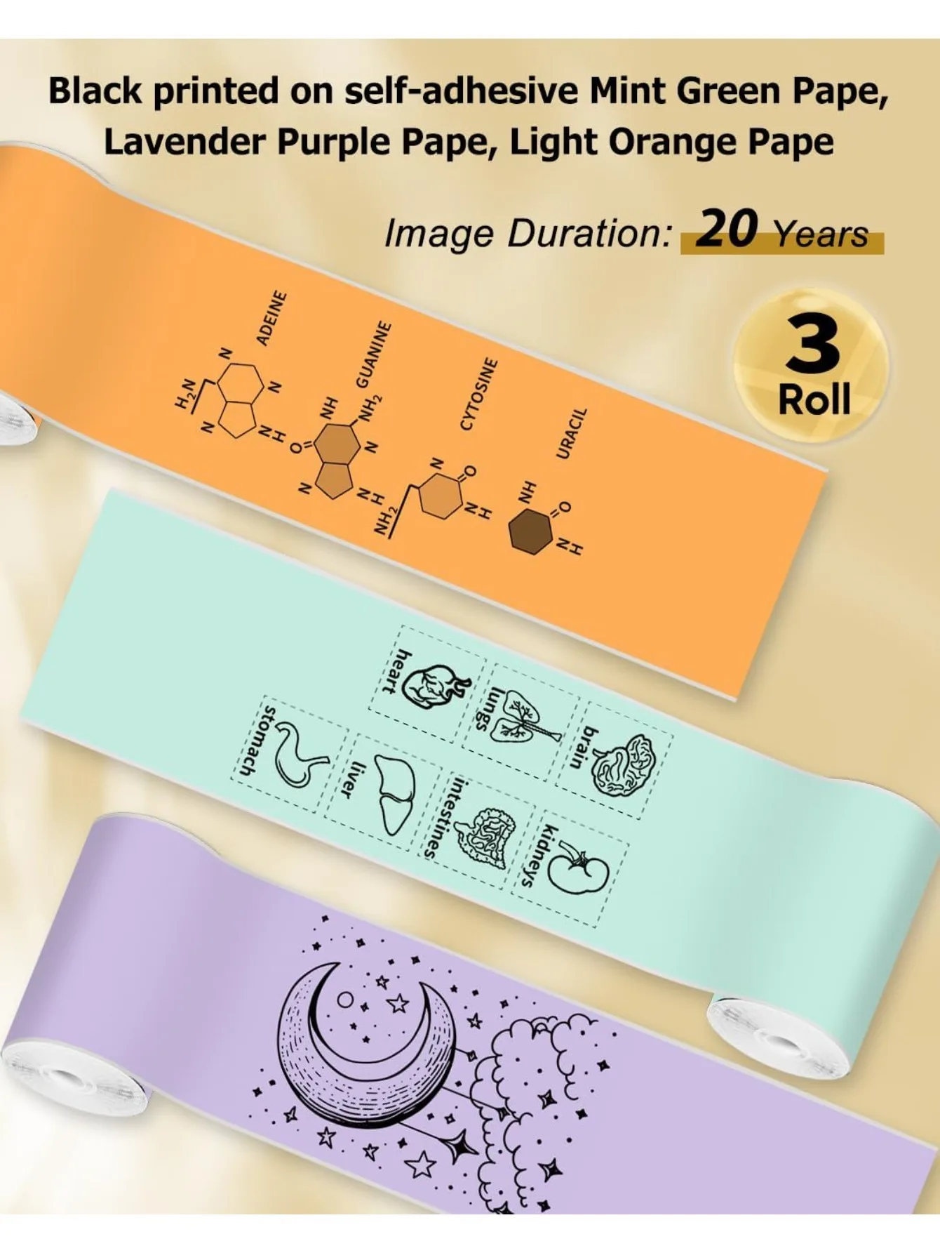 T02 Mint Green/Lavender Purple/Light Orange, Adhesive Thermal Paper, Color Printer Paper, Compatible With T02/M02X/M02L