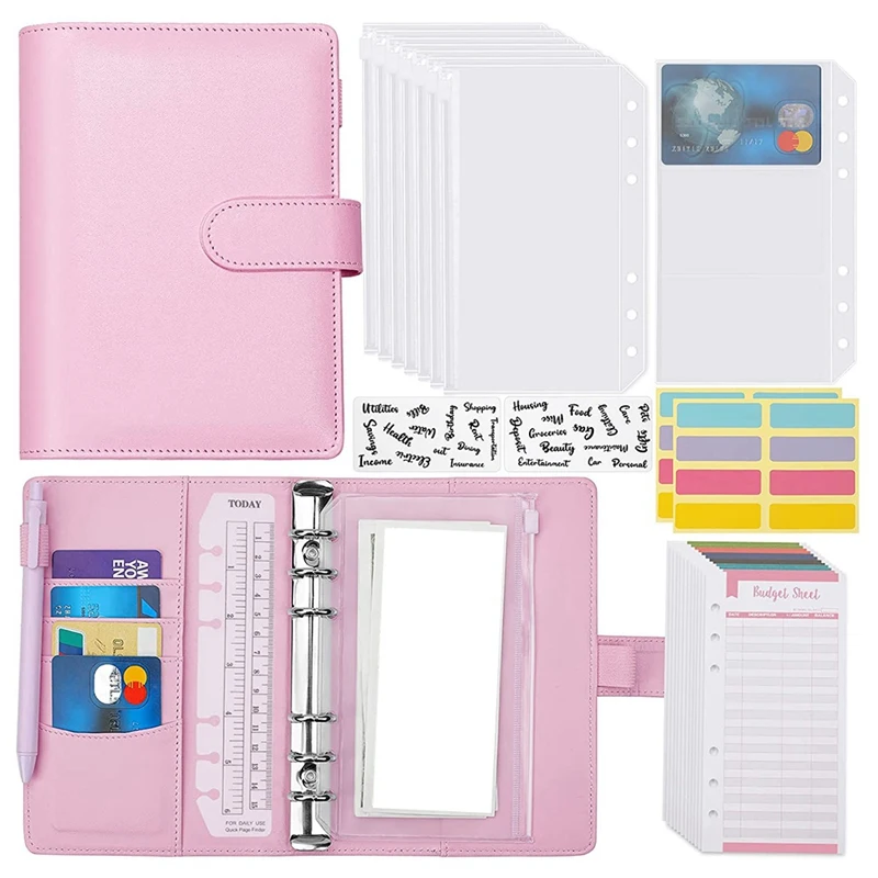 

2X A6 Budget Binder With Zipper Envelopes, Budget Planner Book Money Saving Organizer, Cash Envelopes For Budgeting Pink