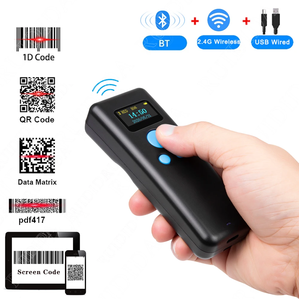 Portable 1D 2D Barcode Scanner Handheld Mini Bluetooth Scanner 2.4G Wireless with Display for Expressman Mobile Phone QR PDF417 fast scanner