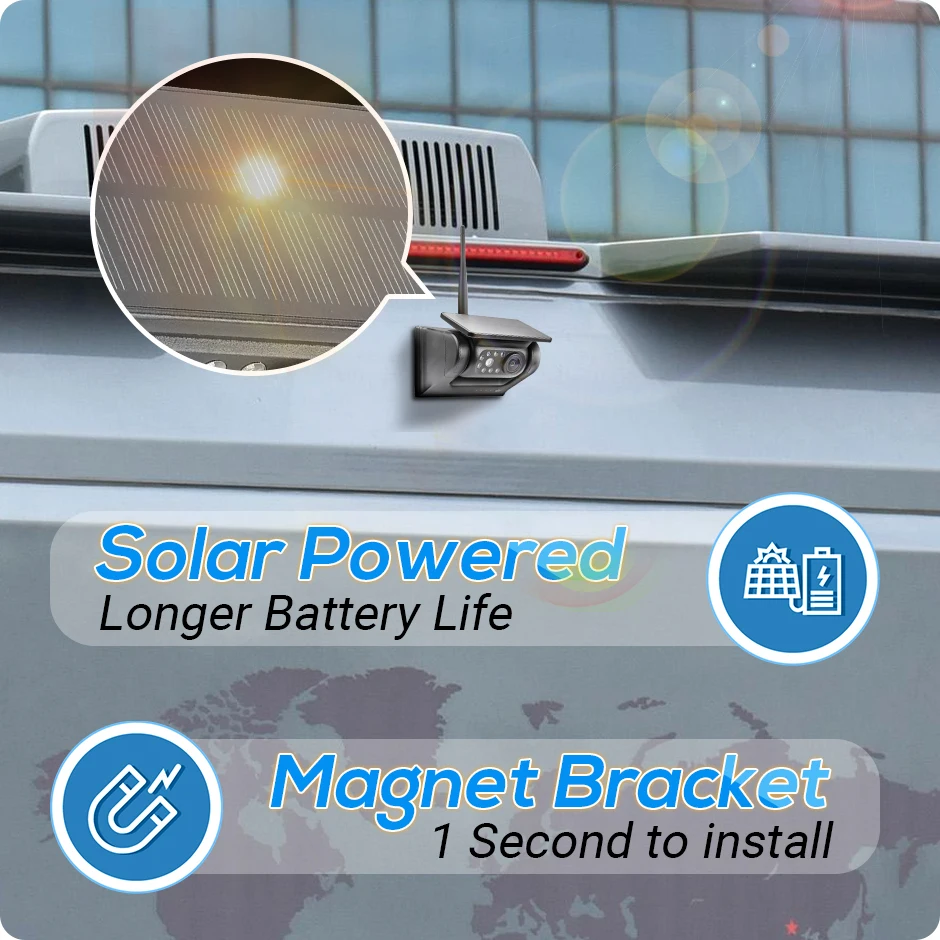 Wireless Solar Powered Energy Magnet Reverse Backup Camera AHD 7" Rear View DVR Recording Monitor for Camper Truck Trailer