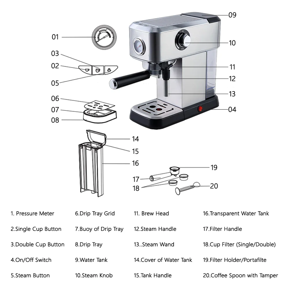 HomeWise Semi-automatic Coffee Maker 15Bar ULKA Pump Espresso Coffee Machine with Thermostatic System Household Use 220V 110V 3