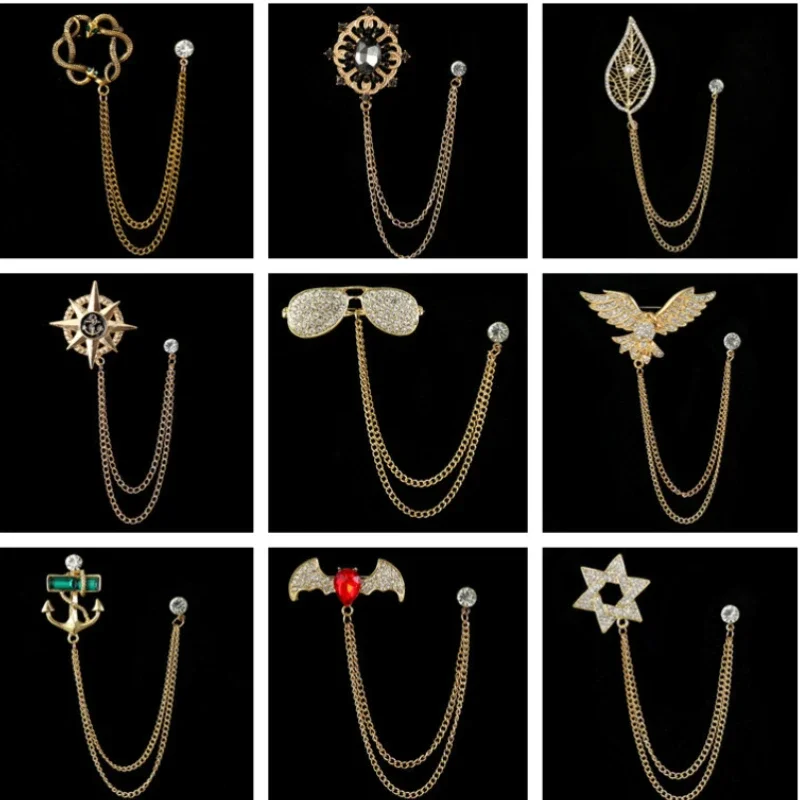 

Retro Fashion Crystal Glasses Brooch Tassel Chain Snake Eagle Animal Lapel Pin Men Suit Shirt Collar Badge Jewelry Accessories