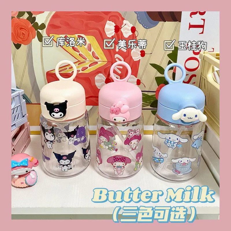 

400ML Sanrio cartoon Kuromi Water Bottle Melody Plastic Cartoon Cinnamoroll Cute Accompanying Straw Cup DIY Stickers Gift Korean