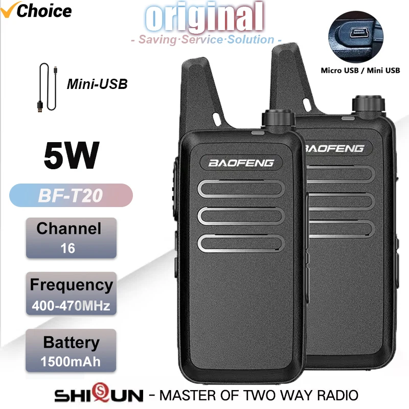Baofeng BF-T20 휴대용 미니 워키토키, 양방향 라디오 충전, USB VOX, BF-C9 BF-888S KD-C1, 스테이션 호텔 사냥용, 2 개