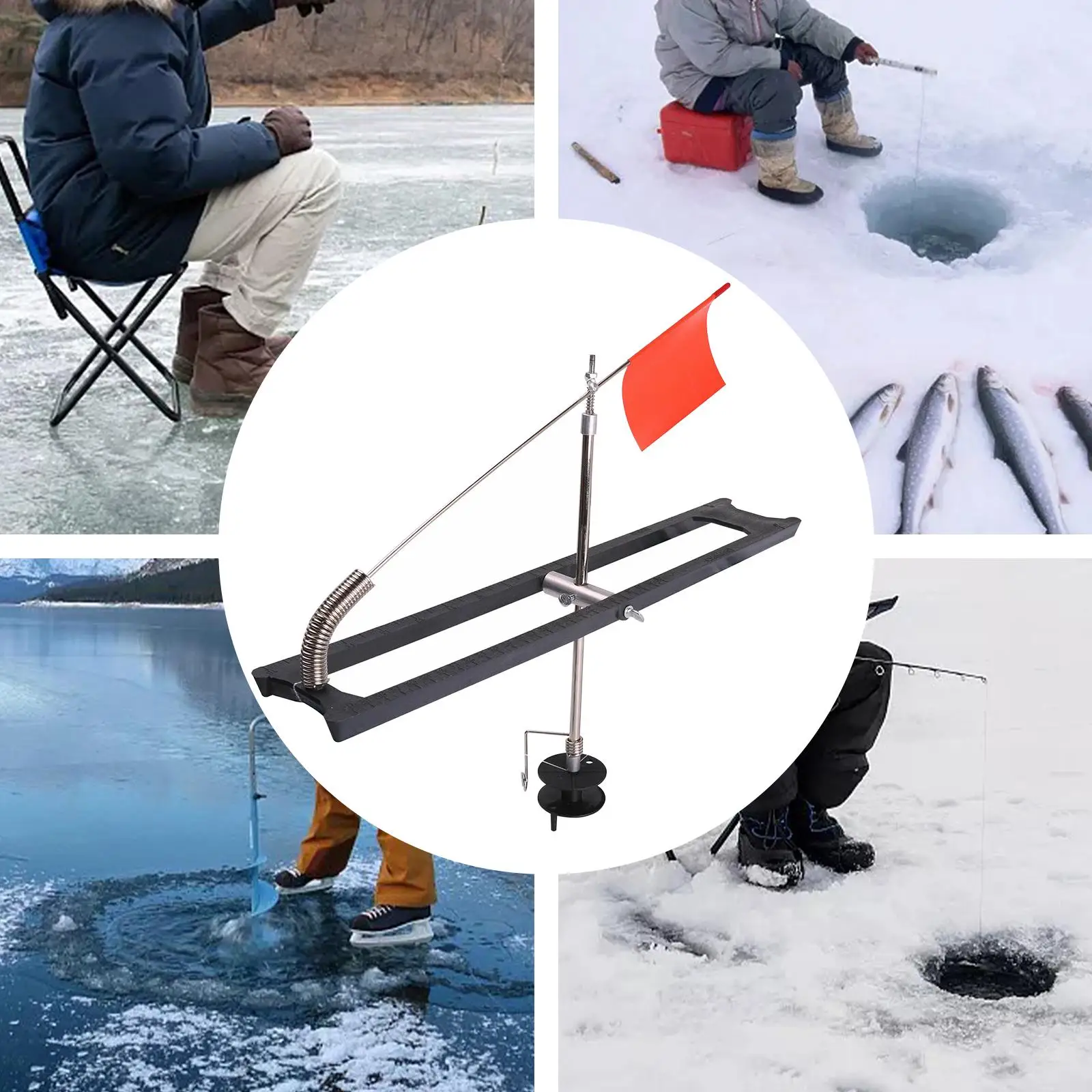  BORDSTRACT Ice Fishing Tip Up Flag Kit, Metal Pole Orange Flag  Angler Tackle Accessory, Portable Winter Fishing Rod Indicator Flag  Floating Base Tackle, Ice Fishing Tip Up Tip Up Flag 