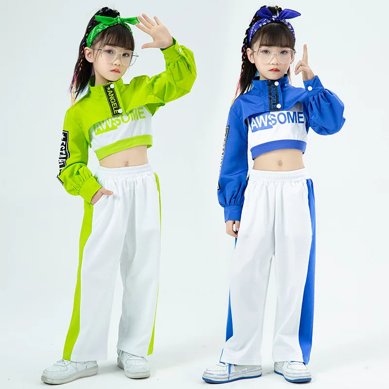 Kids Jazz Costume Girls Hip Hop Clothing Green Blue Long Sleeve Tops Pants for Performance Modern Dancing Clothes
