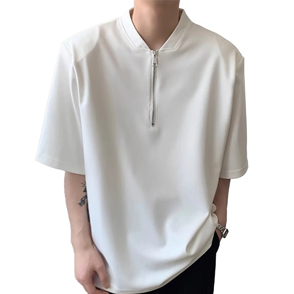 Hot New Business Casual Mens T Shirt Blouse Casual Half Open Neck Muscle Office Shirt Short Sleeve Solid Color