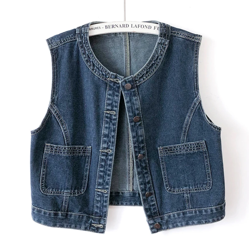 

Vintage Blue O Collar Big Pocket Denim Vest Women Waistcoat Autumn Korean Cowboy Sleeveless Jacket Slim Short Jeans Vest Female