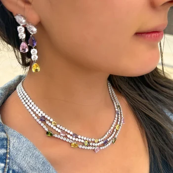 Shiny Colorful Cubic Zirconia 3 Rows Multi Layer Bridal Wedding Choker Necklace Earrings Jewelry Set for Women TZ784 3