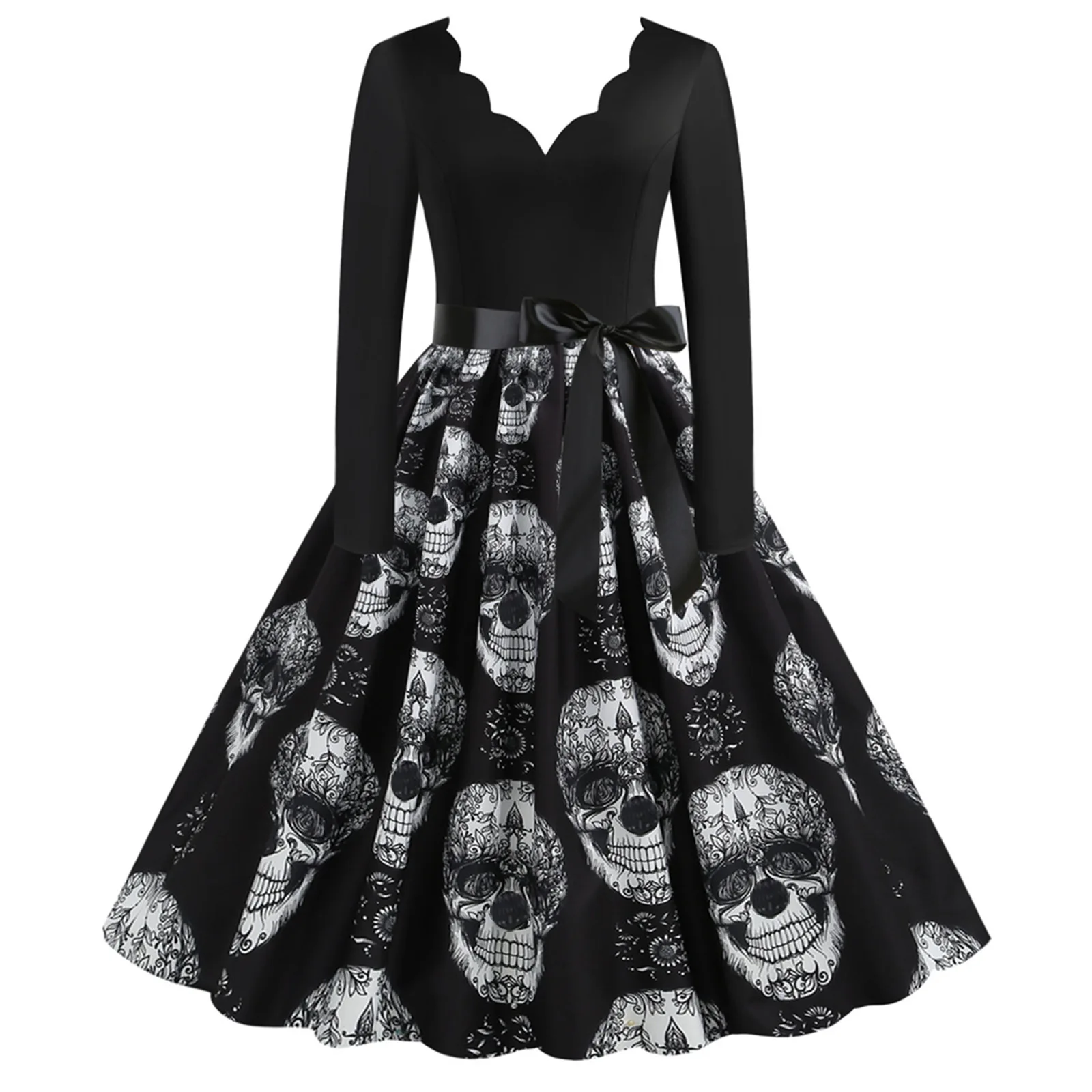 Women Halloween Party Dress Long Sleeve V Neck Bloody Rose Skull Print Black Patchwork Vintage Dress