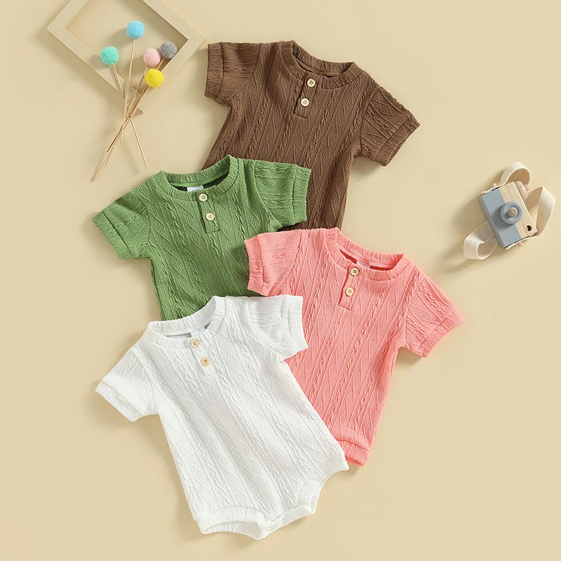 

Cute Summer Baby Boys Girls Knit Jumpsuit Short Sleeve Crew Neck Button Closure Solid Summer Baby Bubble Bodysuits Romper