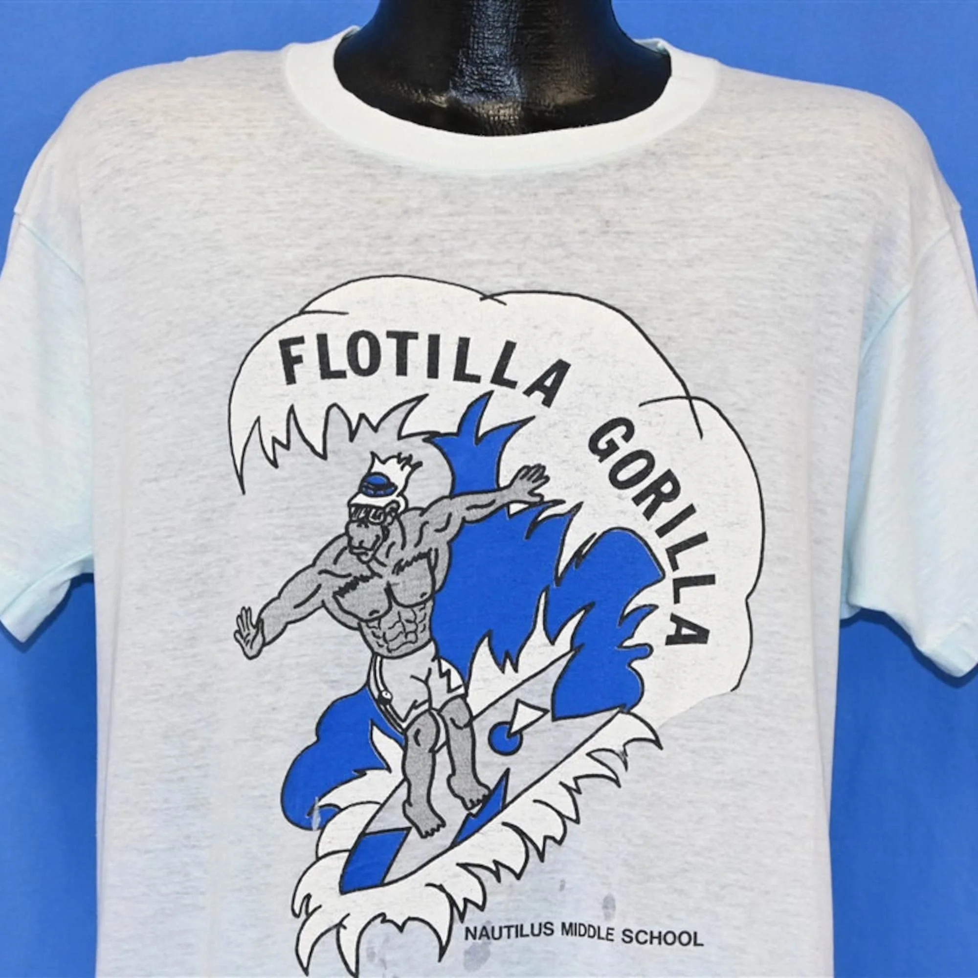 80S Flotilla Gorilla Surfing Nautilus Middle School Miami Florida Distressed T Shirt Large