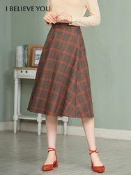 I BELIEVE YOU Autumn Plaid Skirt for Women 2022 Winter Office Lady Vintage Elastic Waist Zipper Aline Mid-calf Skirts 2203023431