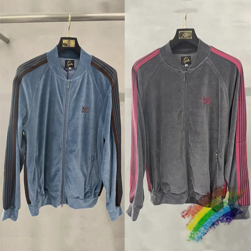 

Velvet Stripe Needles Jacket Men Women 1:1 Best Quality Butterfly Embroidery Coat AWGE Outerwear