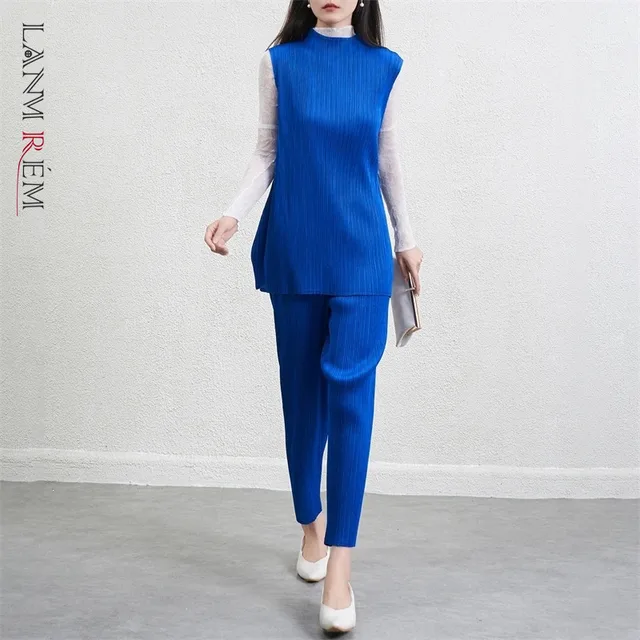 LANMREM Fashionable Elegant Outfit Women's Pleated Set Round Collar Sleeveless Tank Top And Elatic Waist Pencil Pants 2DB4513