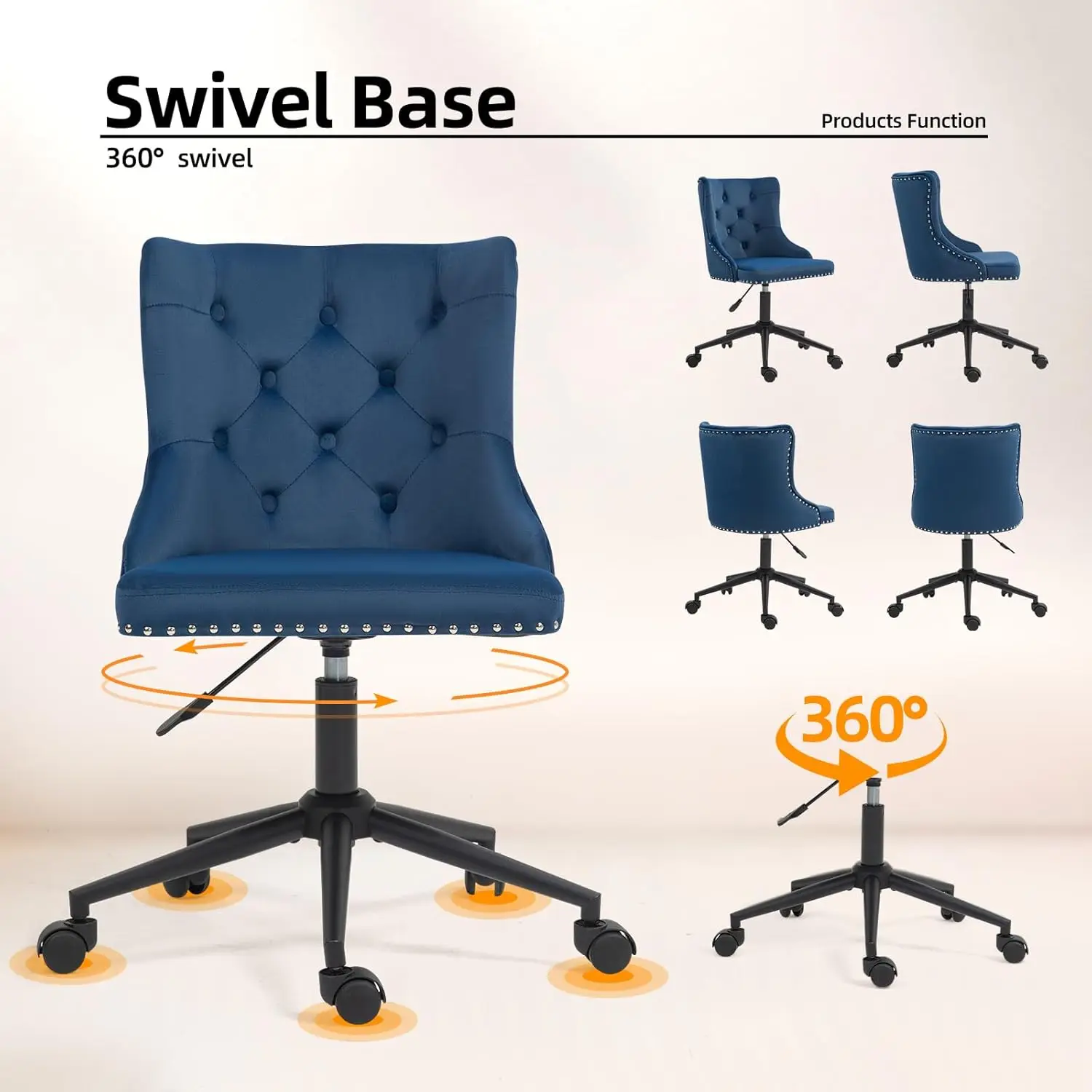 Upholstered Home Office Desk Chair with Height Adjustable Black Base and Mid-Back Tufted Nail Swivel Vanity Chair (Blue)