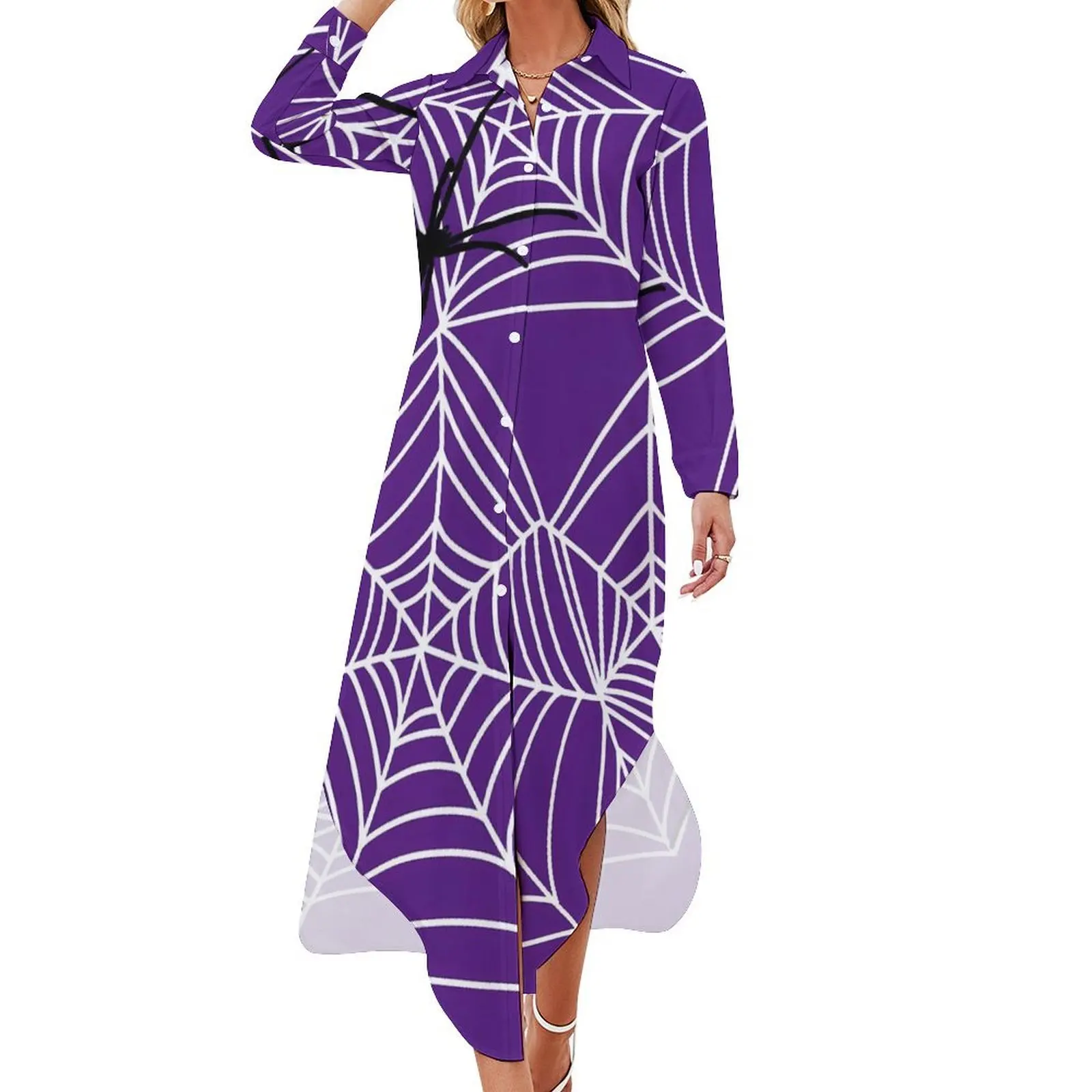 

Halloween Casual Dress Black Widow Spider Web Street Fashion Dresses Long Sleeve Women V Neck Design Oversized Chiffon Dress